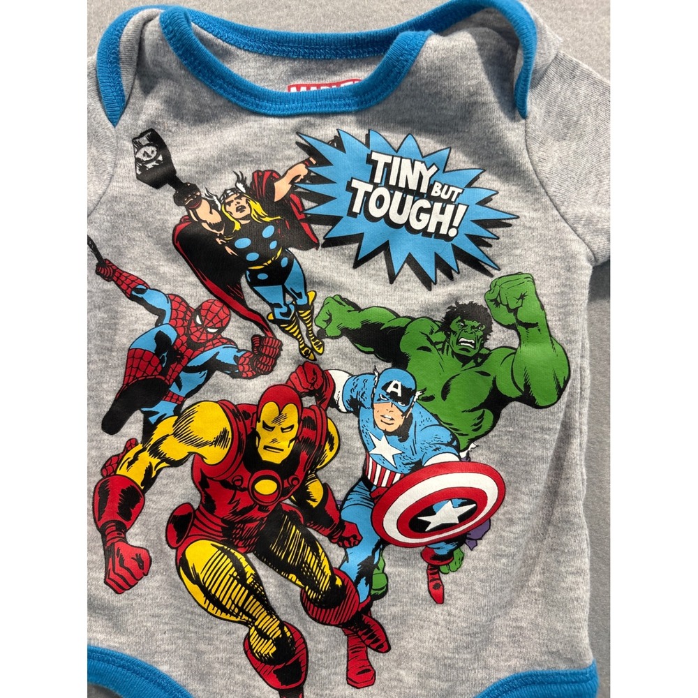 Marvel Avengers Tiny But Tough Gray Graphic Bodysuit Infant 0-3M Short Sleeve - Picture 2 of 4